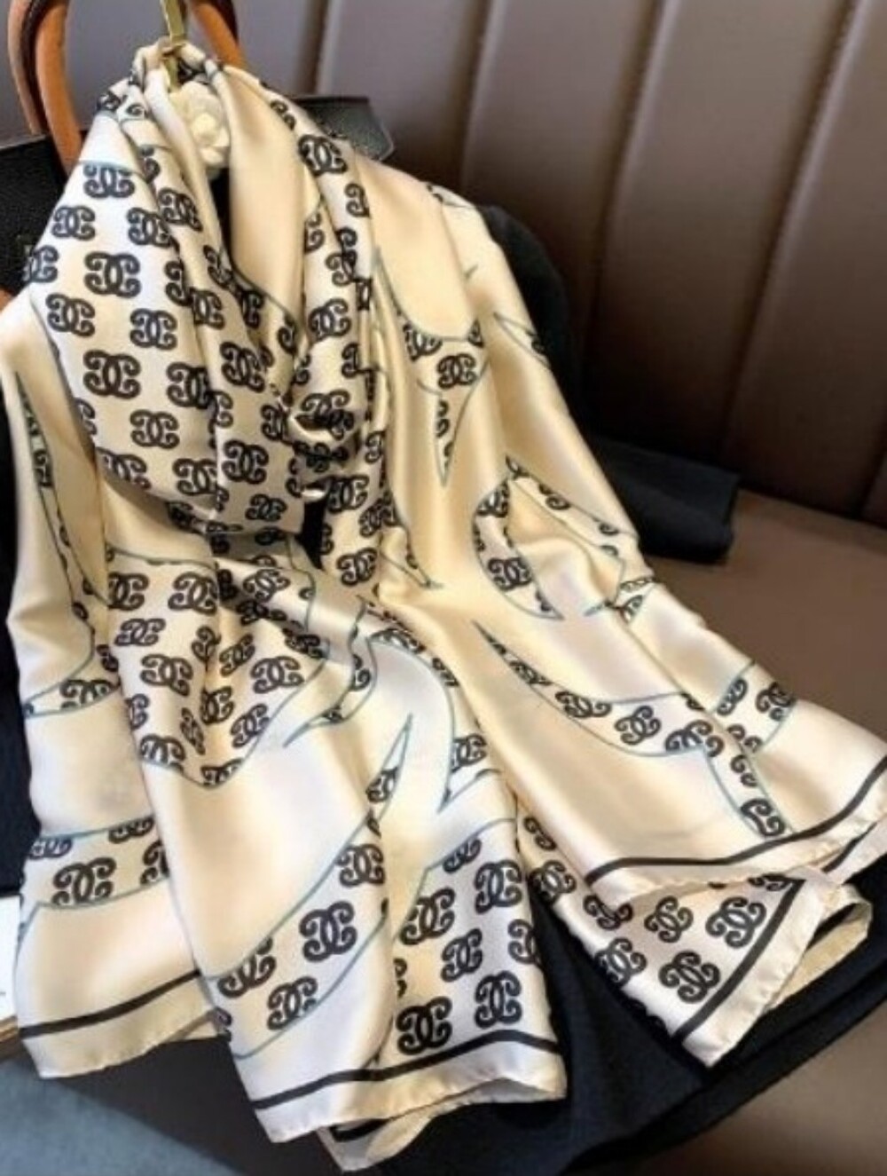 Luxury Cream and Black Logo-Print Silk Scarf